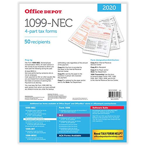 Office Depot Brand 1099-NEC Laser Tax Forms, 2-Up, 4-Part, 8-1/2" x 11", Pack of 50 Forms