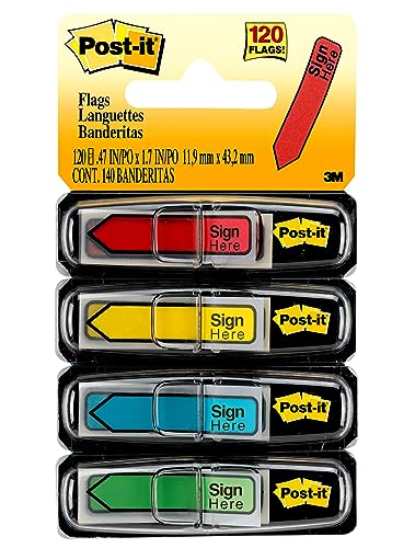 Post-it Message "Sign Here" Flags, 30/Dispenser, 4 Dispensers/Pack, .47 in Wide, Assorted Colors (684-SH)