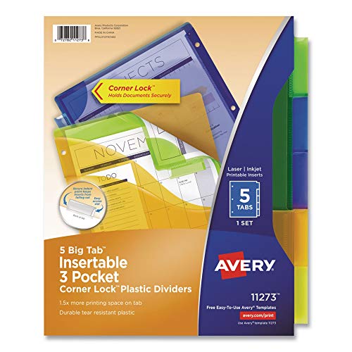 Avery 11273 Big Tab Plastic Dividers w/Three Pockets & Corner Lock, 5-Tab, 11 1/8 x 9 1/4