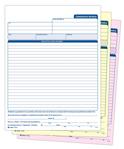 Adams Contractor's Invoice Book 8.38 x 11.44 Inch, 3-Part, Carbonless, 50 Sets, White, Canary, Pink (TC8122)