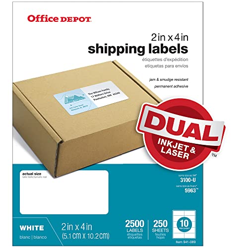 Office Depot White Laser Shipping Labels, 2in. x 4in., Pack of 2500, 505-O004-0020