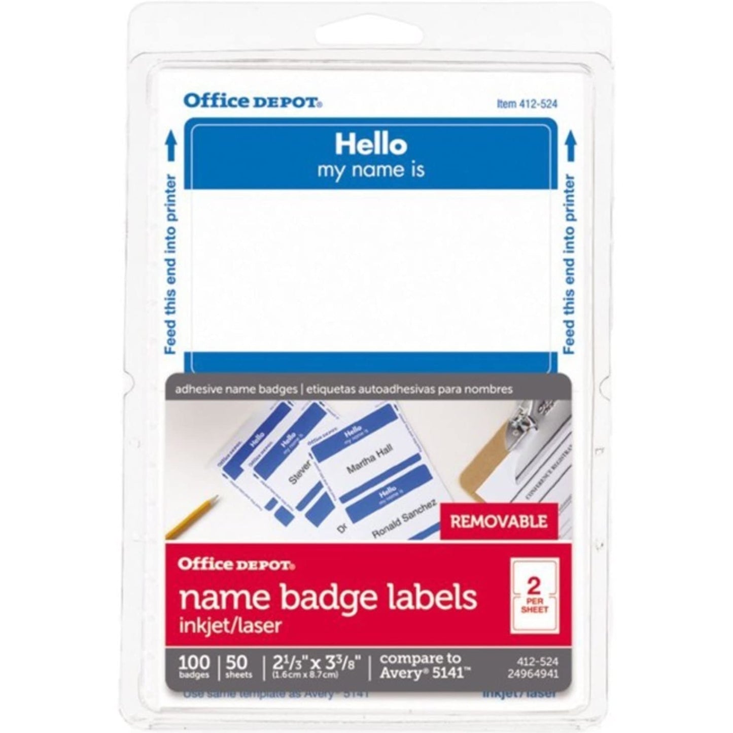 Office Depot Hello Name Badge Labels, 2 11/32in. x 3 3/8in., Blue Border, Pack of 100, OD98838