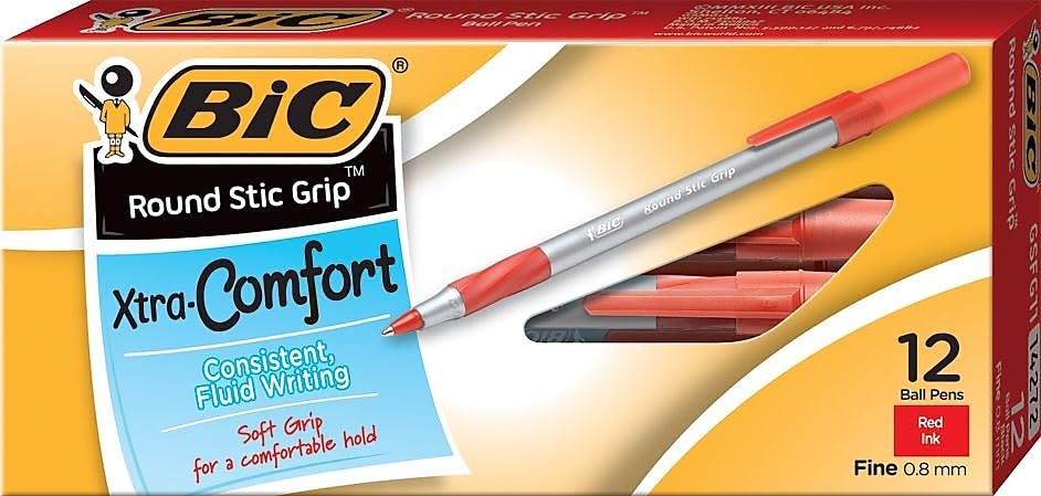 Bic Round Stic Grip Ball Pens, Fine Point, 0.8 (Gsfg11redct)