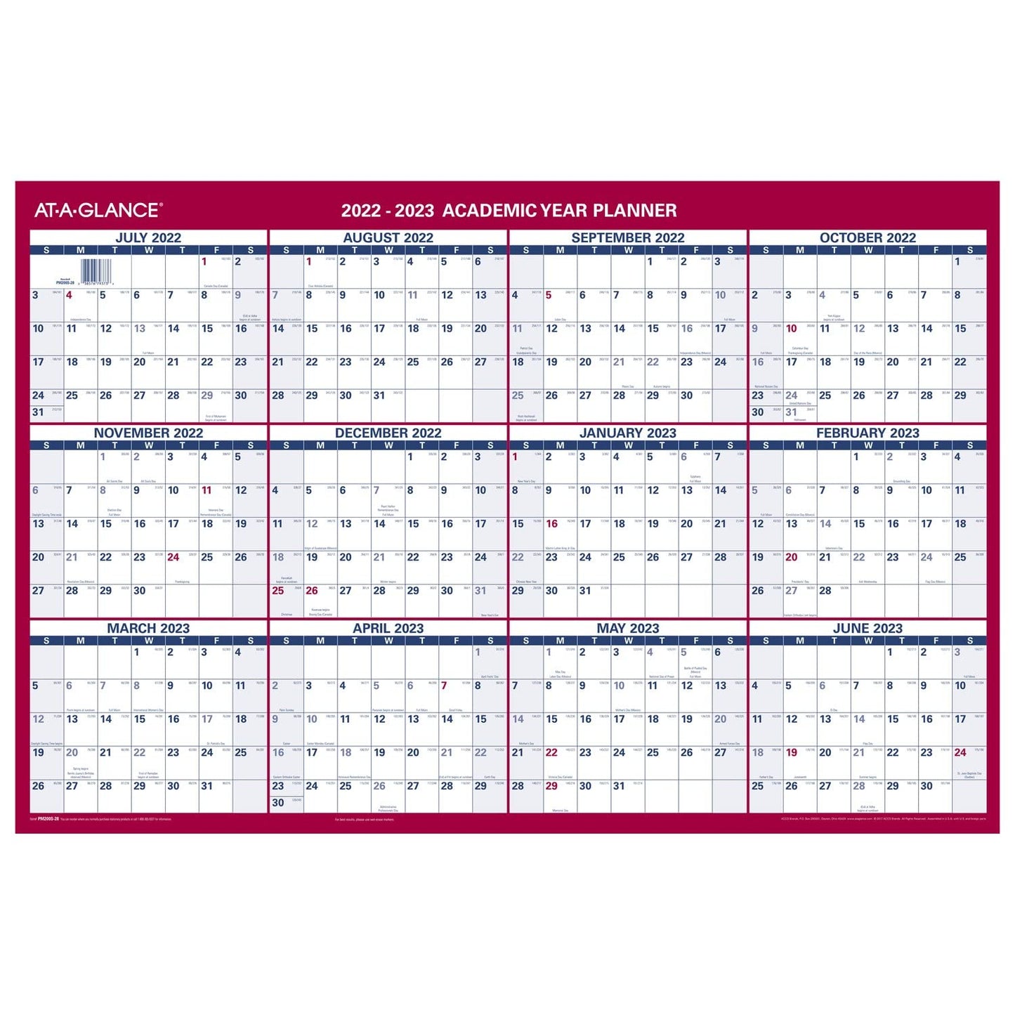 AT-A-GLANCE 2022-2024 Erasable Calendar, Dry Erase Wall Planner, 48" x 32", Extra Large, Academic & Regular Year, Double Sided, Horizontal (PM326S2824)