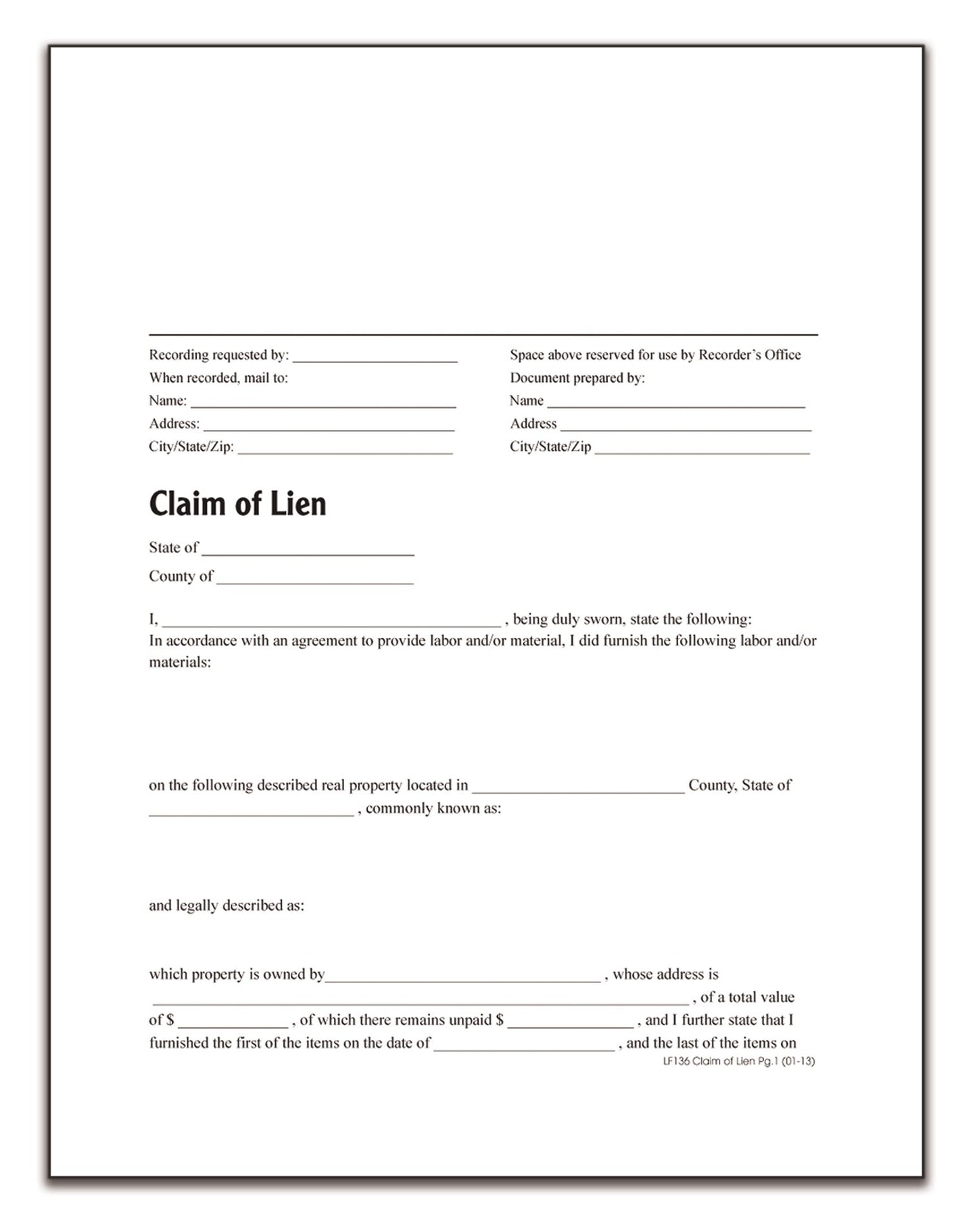 Adams Claim of Lien, Forms and Instructions (LF136)