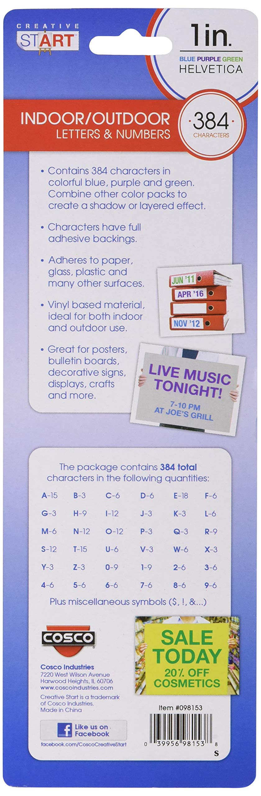 Creative Start Cosco Letters and Numbers 1" Helvetica Font 256 Characters, Blue, Green and Purple (098153)
